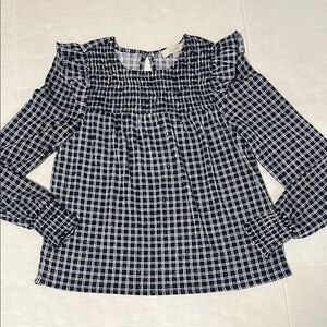 LOFT Navy Blue and White Ruched Top Ruffle Blouse